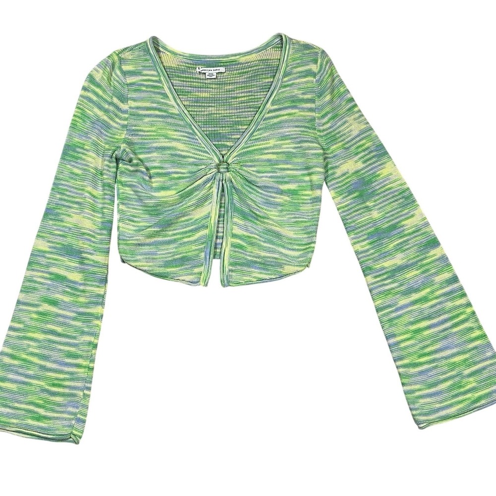 American Eagle Green Space Dye Ring Front Cropped Cardigan M Flare Sleeve Retro